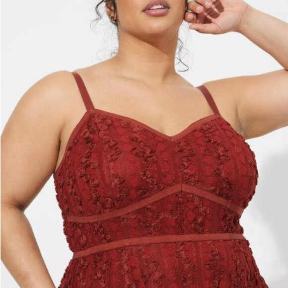 76-19 Torrid Tea Length Brick Rust Sweetheart Lace Roses Dress Size 14 - Picture 4 of 14